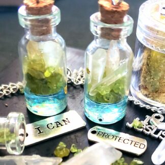 PERIDOT+3 Clear QUARTZ Points Gemstones per Bottle w Gold Flakes-Powerful Harmony Bottles! Elven Handmade VERES Original Unique witch bottle