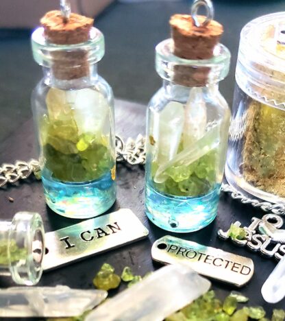 PERIDOT+3 Clear QUARTZ Points Gemstones per Bottle w Gold Flakes-Powerful Harmony Bottles! Elven Handmade VERES Original Unique witch bottle