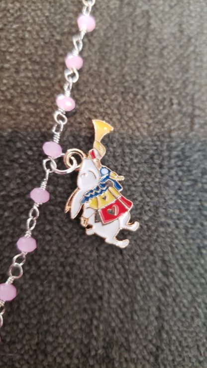 Rose Quartz- Alice in Wonderland  Cheshire Cat w White Rabbit Enamel Charm Necklace- Handmade High Quality  Gemstone Necklace - Image 3