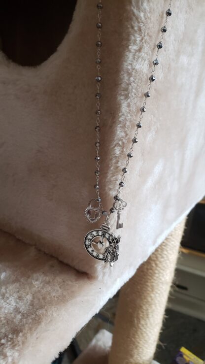 UNIQUE Charm Pendant White Rabbit Clock-Keys and Lock- Natural Pyrite Gemstone beaded Handmade Charm Necklace - Image 5