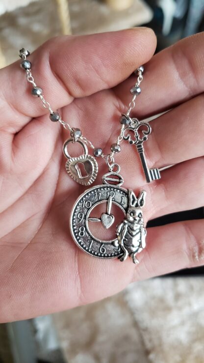 UNIQUE Charm Pendant White Rabbit Clock-Keys and Lock- Natural Pyrite Gemstone beaded Handmade Charm Necklace - Image 2