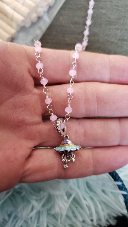 Unique UFO .925 Sterling Silver Charm Necklace - Colored Enamel  Unique Ufo pendant w Alien 22 inch GEMSTONE CHAINs  8 Designs - Image 4
