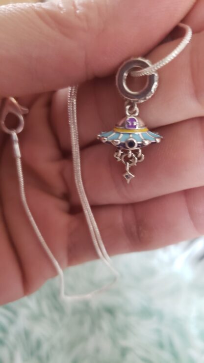 Unique UFO .925 Sterling Silver Charm Necklace - Colored Enamel  Unique Ufo pendant w Alien 22 inch GEMSTONE CHAINs  8 Designs - Image 2