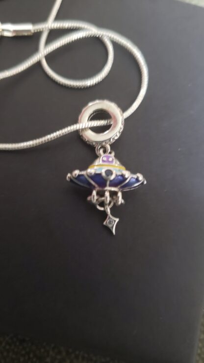 Unique UFO .925 Sterling Silver Charm Necklace - Colored Enamel  Unique Ufo pendant w Alien 22 inch GEMSTONE CHAINs  8 Designs - Image 3