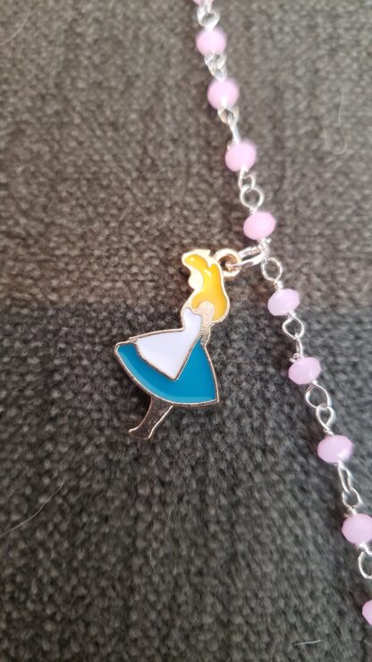 Rose Quartz- Alice in Wonderland  Cheshire Cat w White Rabbit Enamel Charm Necklace- Handmade High Quality  Gemstone Necklace - Image 5