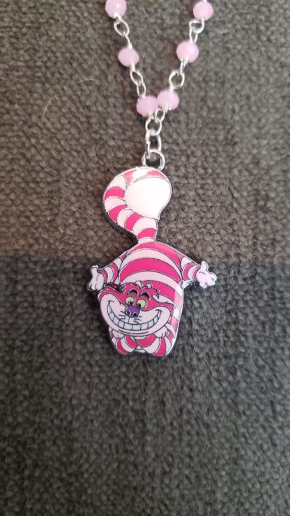Rose Quartz- Alice in Wonderland  Cheshire Cat w White Rabbit Enamel Charm Necklace- Handmade High Quality  Gemstone Necklace - Image 4