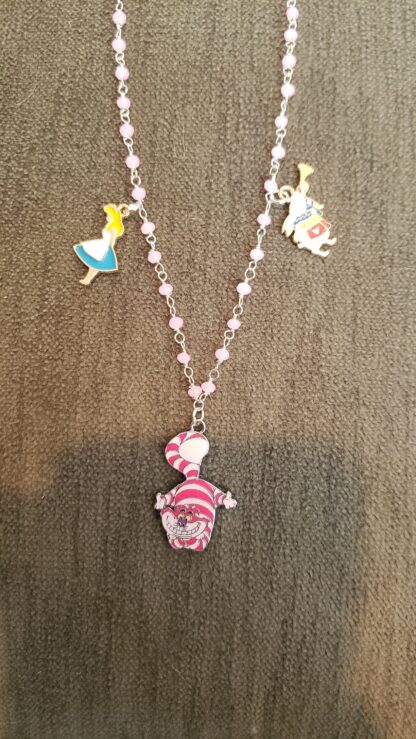 Rose Quartz- Alice in Wonderland  Cheshire Cat w White Rabbit Enamel Charm Necklace- Handmade High Quality  Gemstone Necklace - Image 2