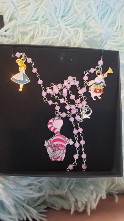 Rose Quartz- Alice in Wonderland  Cheshire Cat w White Rabbit Enamel Charm Necklace- Handmade High Quality  Gemstone Necklace - Image 7