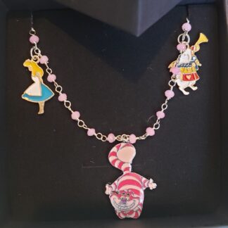 Rose Quartz- Alice in Wonderland  Cheshire Cat w White Rabbit Enamel Charm Necklace- Handmade High Quality  Gemstone Necklace