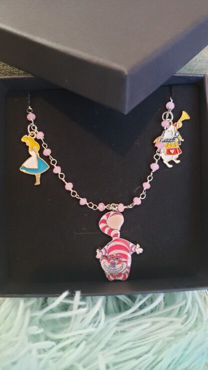 Rose Quartz- Alice in Wonderland  Cheshire Cat w White Rabbit Enamel Charm Necklace- Handmade High Quality  Gemstone Necklace