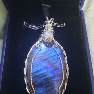 VERES™ 86ct AAA Deep Purple/Blue Fire Finland Labradorite Silver Gemstone Pendant -Necklace UNtreated w 26inch Silver Paperclip Chain