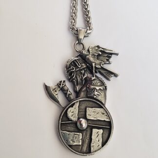 Large ODIN w Raven Medallion  Shield Viking Axe Pendant w silver chain! Folklore BEST viking gifts for him Heavy w 6mm thick silvery chain