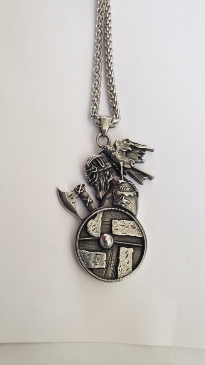 Large ODIN w Raven Medallion  Shield Viking Axe Pendant w silver chain! Folklore BEST viking gifts for him Heavy w 6mm thick silvery chain