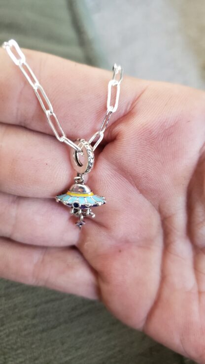 Unique UFO .925 Sterling Silver Charm Necklace - Colored Enamel  Unique Ufo pendant w Alien 22 inch GEMSTONE CHAINs  8 Designs - Image 10